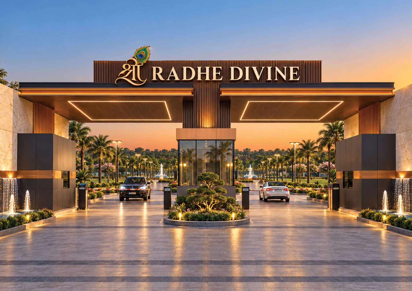 Radhe Divine entrance, architectural render from the Naina Infra brochure